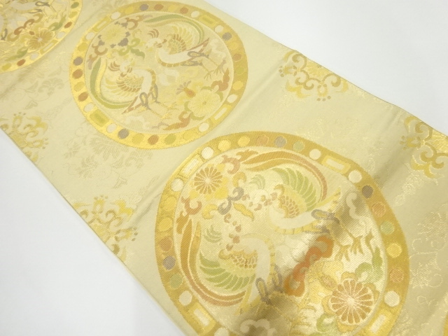 アンティーク　丸紋に向かい鳥・花模様織出し袋帯（材料）